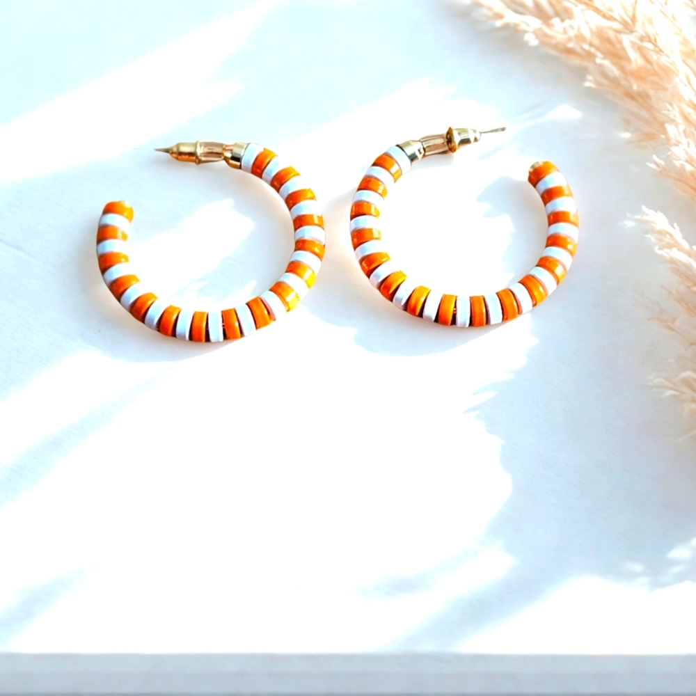 HOOP MOBB Orange and White Beaded Small Hoop Earrings